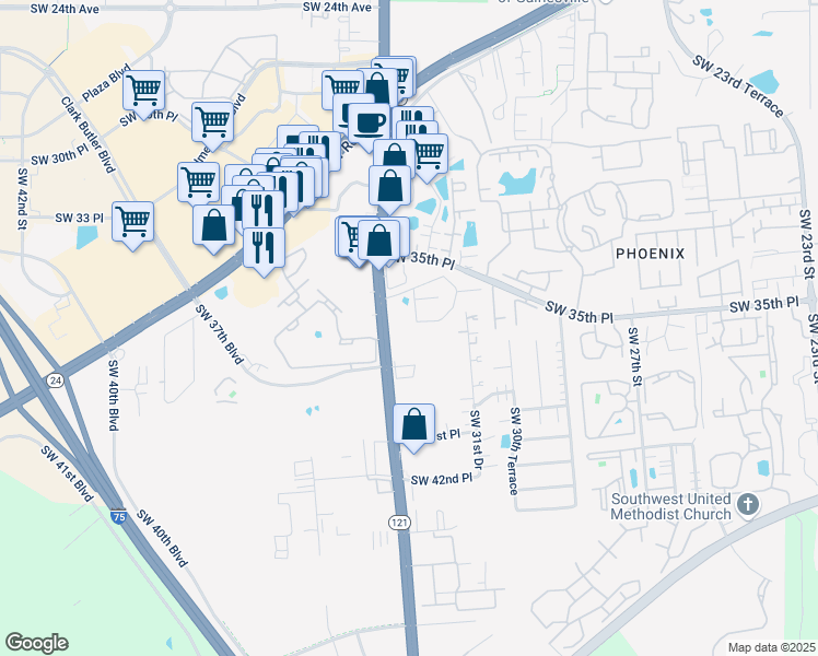 map of restaurants, bars, coffee shops, grocery stores, and more near 3811 SW 34th St in Gainesville