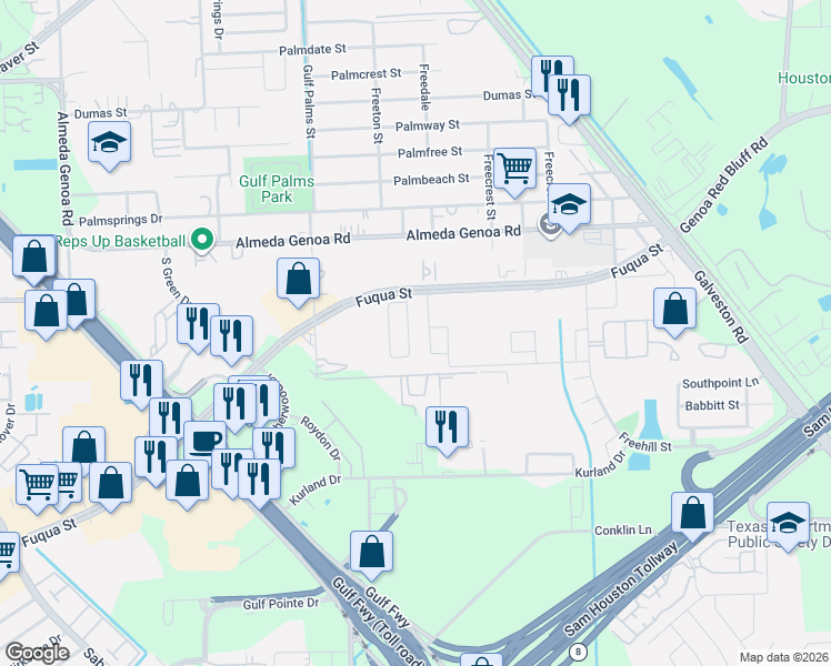 map of restaurants, bars, coffee shops, grocery stores, and more near 10218 East Palm Lake Drive in Houston
