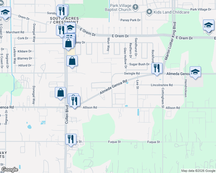 map of restaurants, bars, coffee shops, grocery stores, and more near 4339 Almeda Meadows Drive in Houston