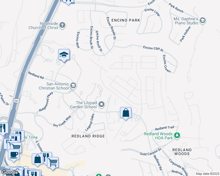 map of restaurants, bars, coffee shops, grocery stores, and more near 2302 Verona Way in San Antonio