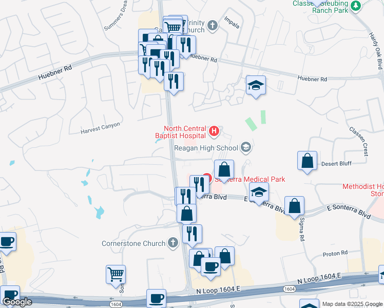 map of restaurants, bars, coffee shops, grocery stores, and more near 525 Oak Centre Drive in San Antonio