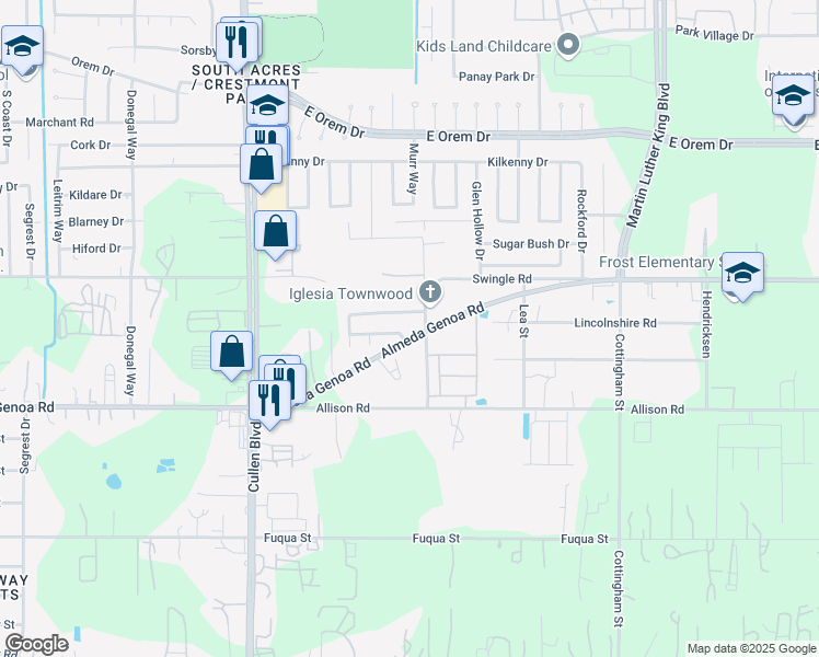 map of restaurants, bars, coffee shops, grocery stores, and more near 4335 Almeda Meadows Drive in Houston