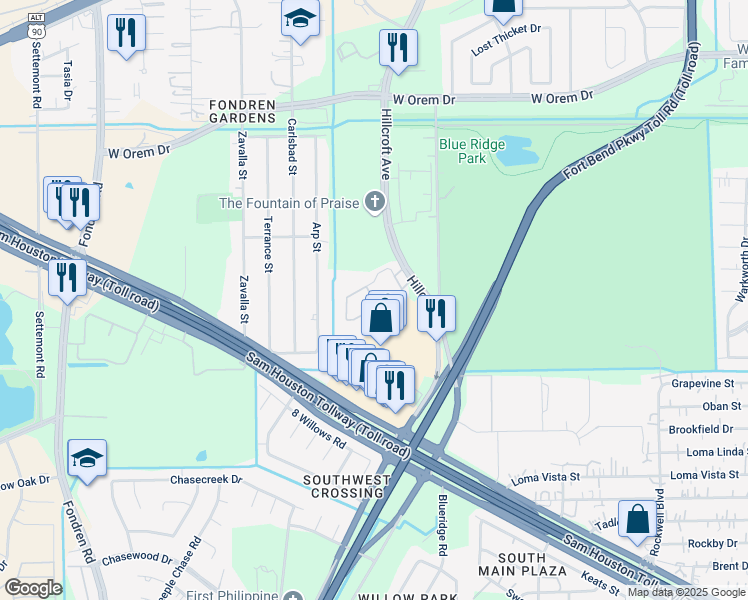 map of restaurants, bars, coffee shops, grocery stores, and more near 13960 Hillcroft Street in Houston