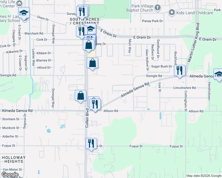 map of restaurants, bars, coffee shops, grocery stores, and more near 13102 Ristina Circle in Houston