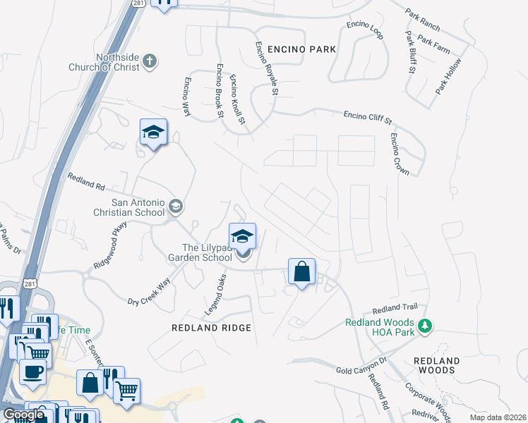 map of restaurants, bars, coffee shops, grocery stores, and more near 2302 Verona Way in San Antonio