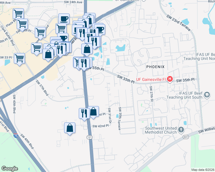 map of restaurants, bars, coffee shops, grocery stores, and more near 3327 Southwest 31st Drive in Gainesville