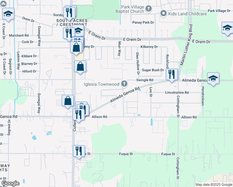 map of restaurants, bars, coffee shops, grocery stores, and more near 4327 Almeda Meadows Drive in Houston