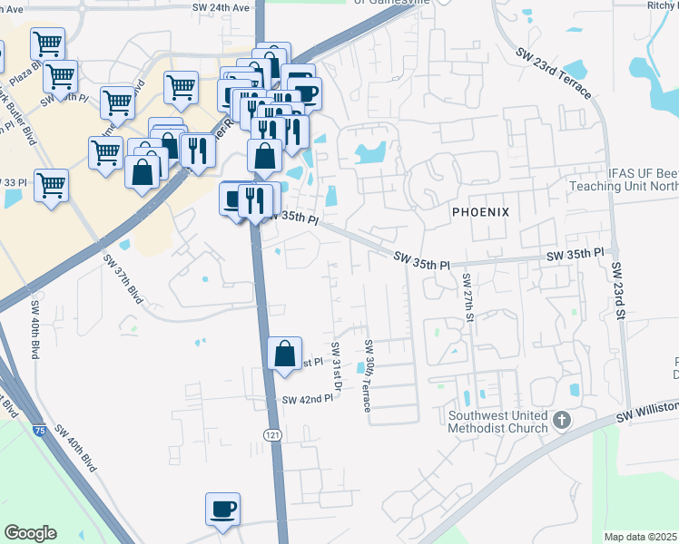 map of restaurants, bars, coffee shops, grocery stores, and more near 3408 Southwest 31st Drive in Gainesville