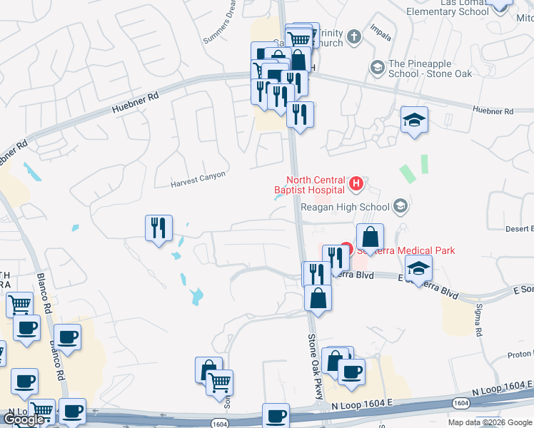 map of restaurants, bars, coffee shops, grocery stores, and more near 630 Sweetbrush in San Antonio