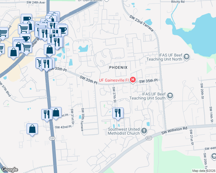 map of restaurants, bars, coffee shops, grocery stores, and more near 2735 Southwest 35th Place in Gainesville
