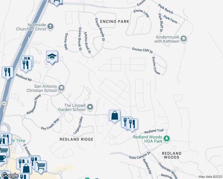 map of restaurants, bars, coffee shops, grocery stores, and more near 2335 Verona Way in San Antonio
