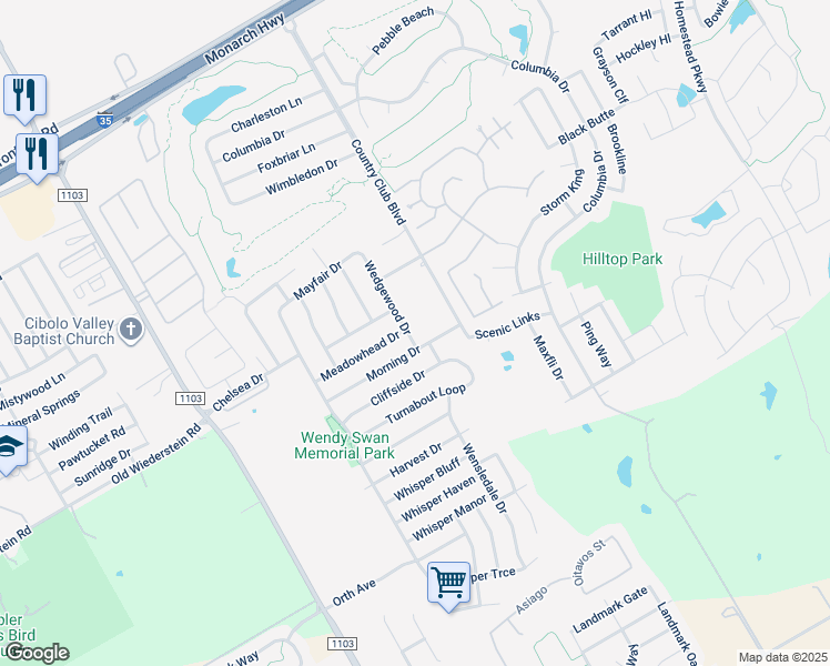 map of restaurants, bars, coffee shops, grocery stores, and more near 3437 Morning Drive in Schertz
