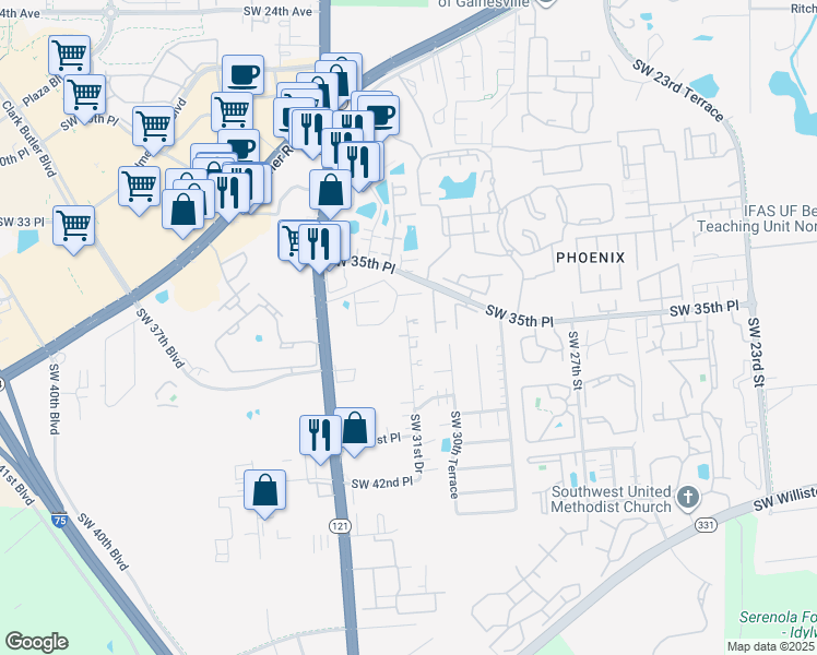 map of restaurants, bars, coffee shops, grocery stores, and more near 3323 Southwest 31st Drive in Gainesville