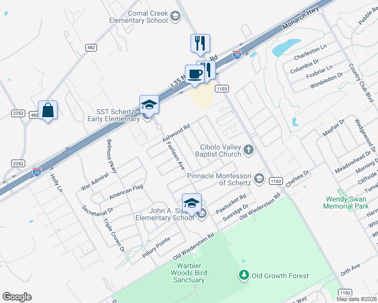 map of restaurants, bars, coffee shops, grocery stores, and more near 719 Eagles Glen in Schertz