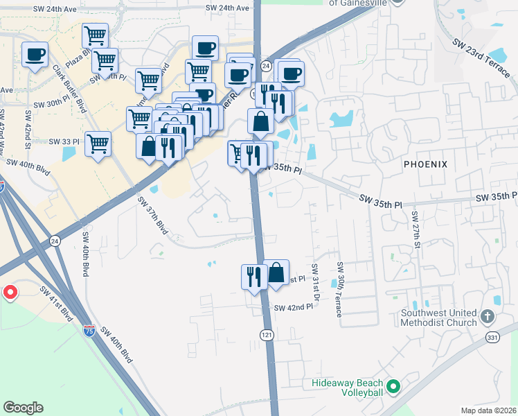 map of restaurants, bars, coffee shops, grocery stores, and more near 3813 Florida 121 in Gainesville