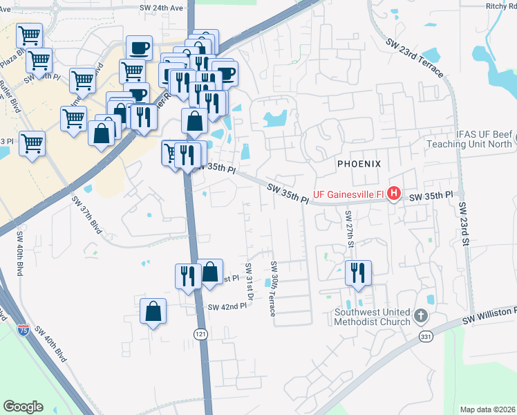 map of restaurants, bars, coffee shops, grocery stores, and more near 26 Southwest 30th Terrace in Gainesville