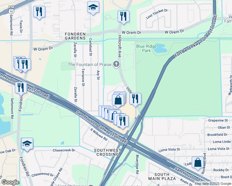 map of restaurants, bars, coffee shops, grocery stores, and more near 13960 Hillcroft Street in Houston
