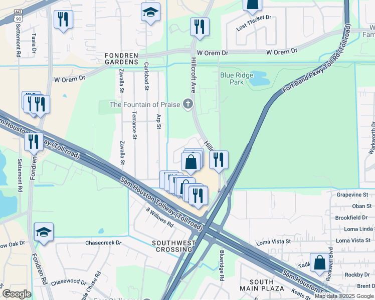 map of restaurants, bars, coffee shops, grocery stores, and more near 13960 Hillcroft Avenue in Houston