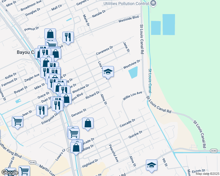 map of restaurants, bars, coffee shops, grocery stores, and more near 306 Richard Drive in Houma