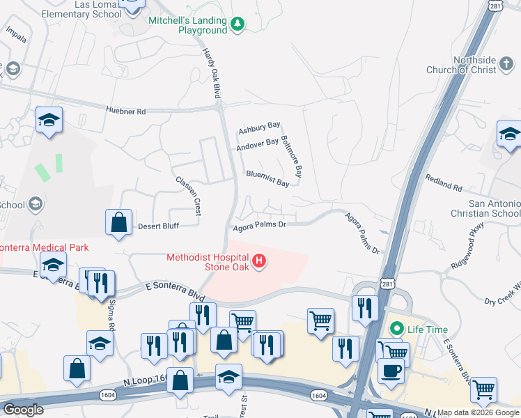 map of restaurants, bars, coffee shops, grocery stores, and more near 1207 Agora Palms Drive in San Antonio