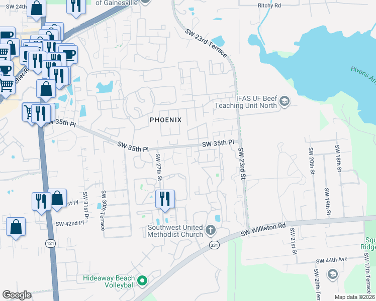 map of restaurants, bars, coffee shops, grocery stores, and more near 2635 Southwest 35th Place in Gainesville
