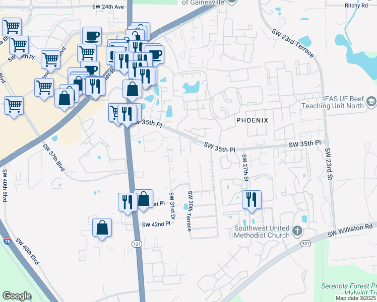 map of restaurants, bars, coffee shops, grocery stores, and more near 2945 Southwest 35th Place in Gainesville