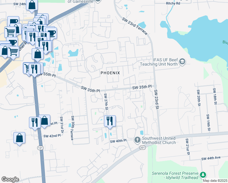 map of restaurants, bars, coffee shops, grocery stores, and more near 2635 Southwest 35th Place in Gainesville