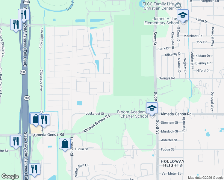 map of restaurants, bars, coffee shops, grocery stores, and more near 3207 Almeda-Genoa Road in Houston