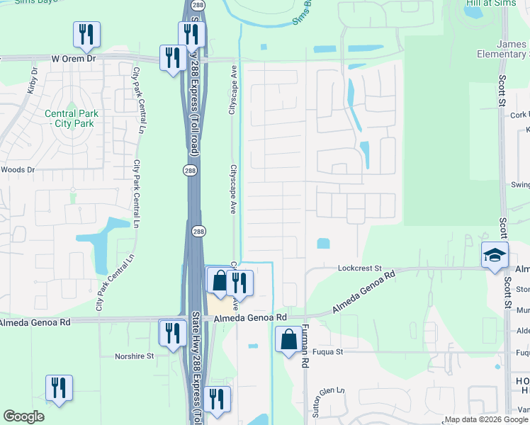 map of restaurants, bars, coffee shops, grocery stores, and more near 2662 Skyview Ridge Court in Houston