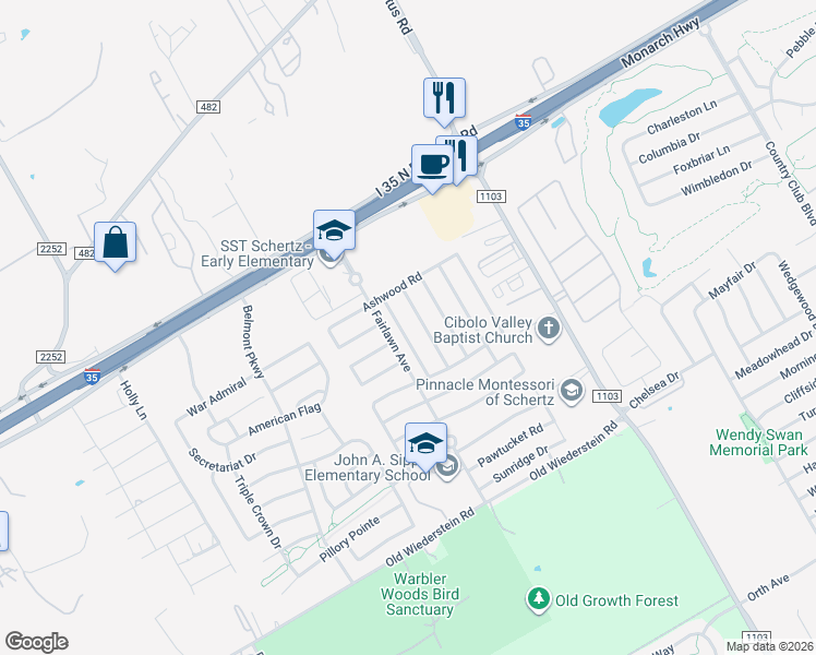 map of restaurants, bars, coffee shops, grocery stores, and more near 732 Clearbrook Avenue in Schertz