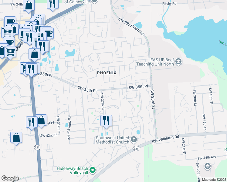 map of restaurants, bars, coffee shops, grocery stores, and more near 2635 Southwest 35th Place in Gainesville