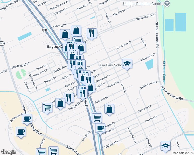 map of restaurants, bars, coffee shops, grocery stores, and more near 122 Westview Drive in Houma
