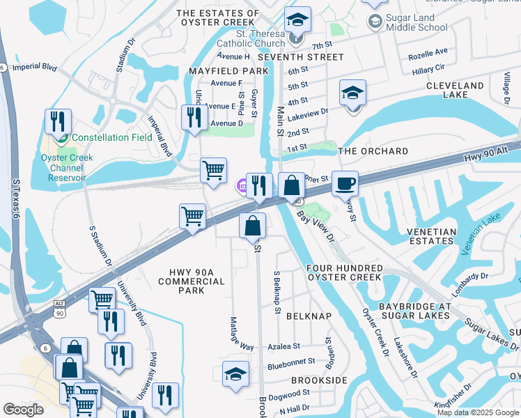 map of restaurants, bars, coffee shops, grocery stores, and more near in Sugar Land