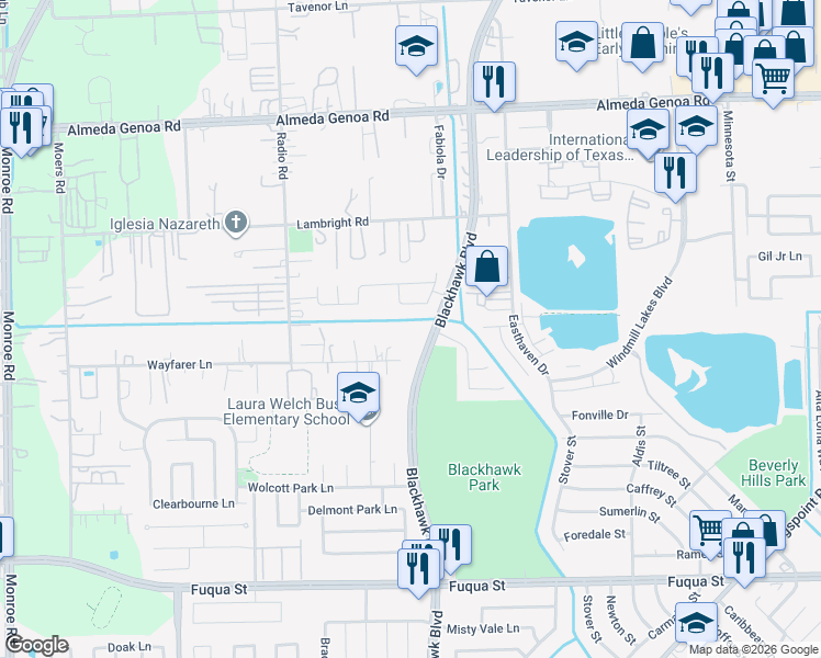 map of restaurants, bars, coffee shops, grocery stores, and more near 9205 Wayfarer Lane in Houston