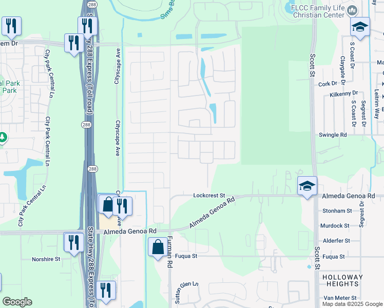 map of restaurants, bars, coffee shops, grocery stores, and more near 12405-12891 Furman Rd in Houston