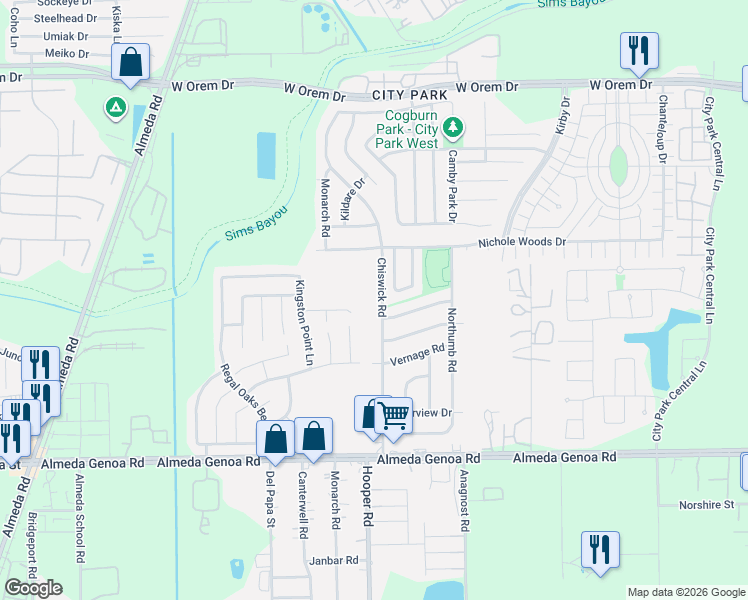 map of restaurants, bars, coffee shops, grocery stores, and more near 1202 Canterlane Drive in Houston