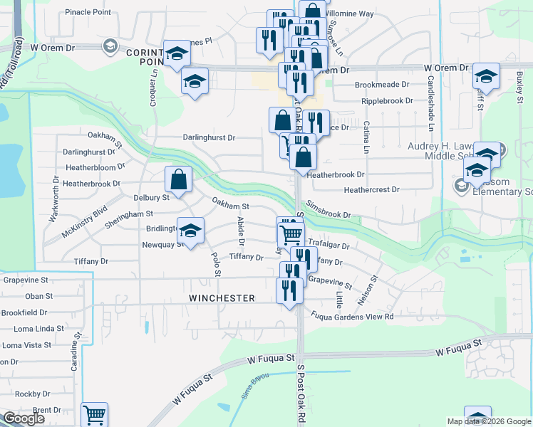 map of restaurants, bars, coffee shops, grocery stores, and more near 5623 Newquay Street in Houston