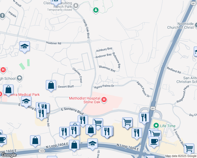 map of restaurants, bars, coffee shops, grocery stores, and more near 1207 Agora Palms Drive in San Antonio