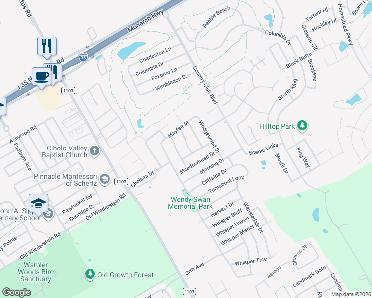 map of restaurants, bars, coffee shops, grocery stores, and more near 4909 Tiffany Lane in Schertz