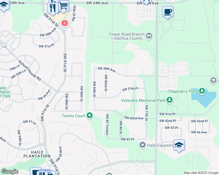 map of restaurants, bars, coffee shops, grocery stores, and more near 3831 Southwest 82nd Street in Gainesville