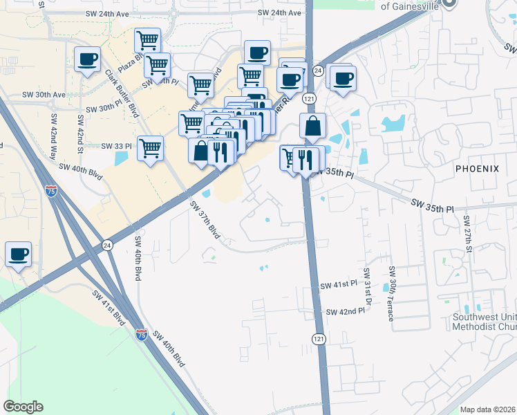 map of restaurants, bars, coffee shops, grocery stores, and more near 3800 Southwest 34th Street in Gainesville