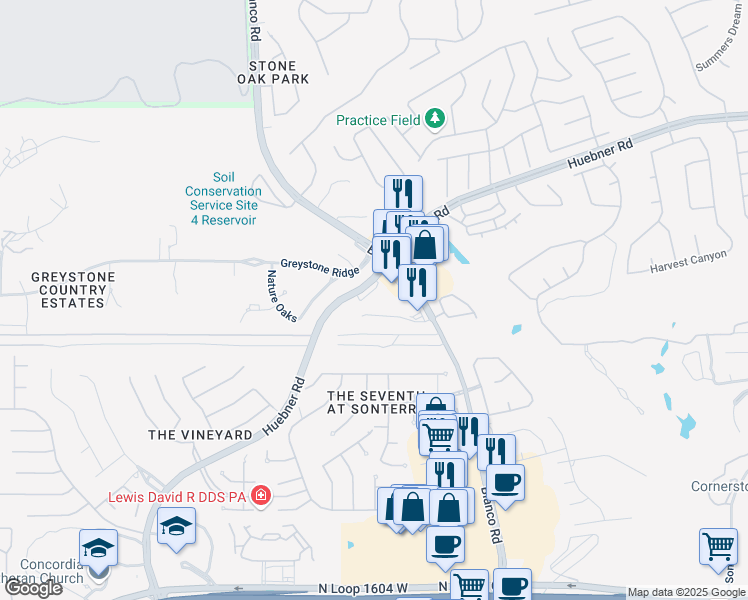 map of restaurants, bars, coffee shops, grocery stores, and more near 19110 Huebner Road in San Antonio