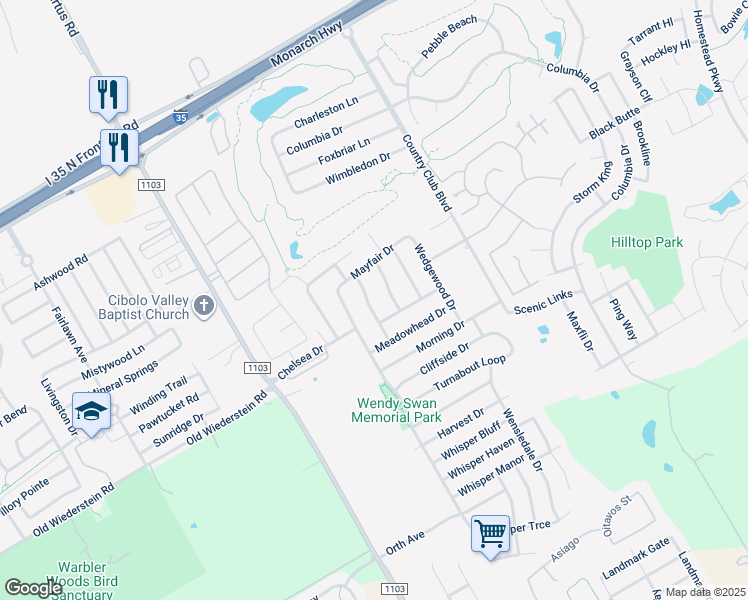 map of restaurants, bars, coffee shops, grocery stores, and more near 5005 Tiffany Lane in Schertz