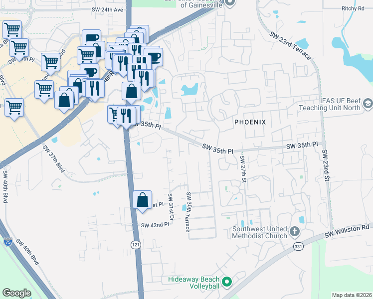 map of restaurants, bars, coffee shops, grocery stores, and more near 2945 Southwest 35th Place in Gainesville