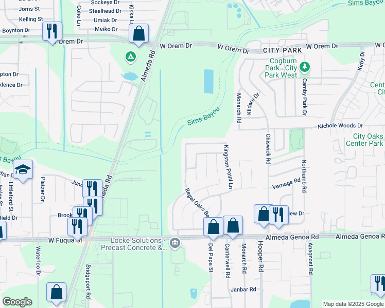 map of restaurants, bars, coffee shops, grocery stores, and more near 830 Staffordale Manor Lane in Houston