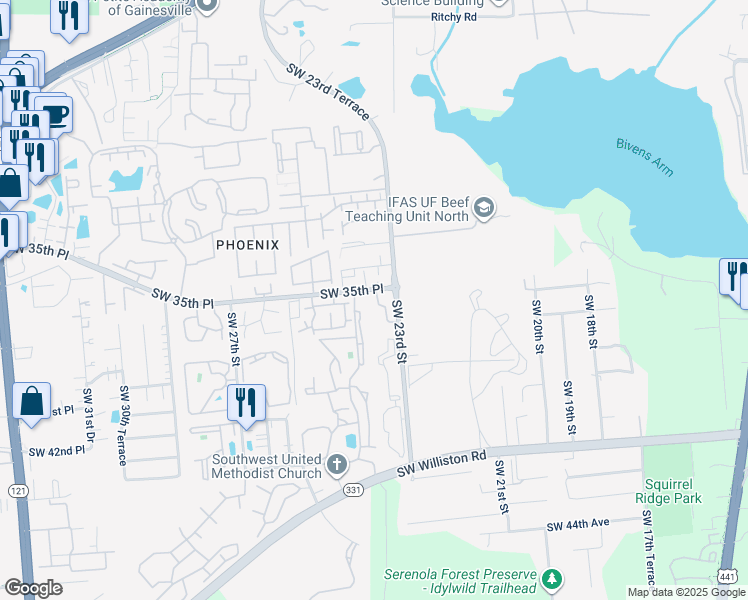 map of restaurants, bars, coffee shops, grocery stores, and more near 2104 Southwest 23rd Street in Gainesville
