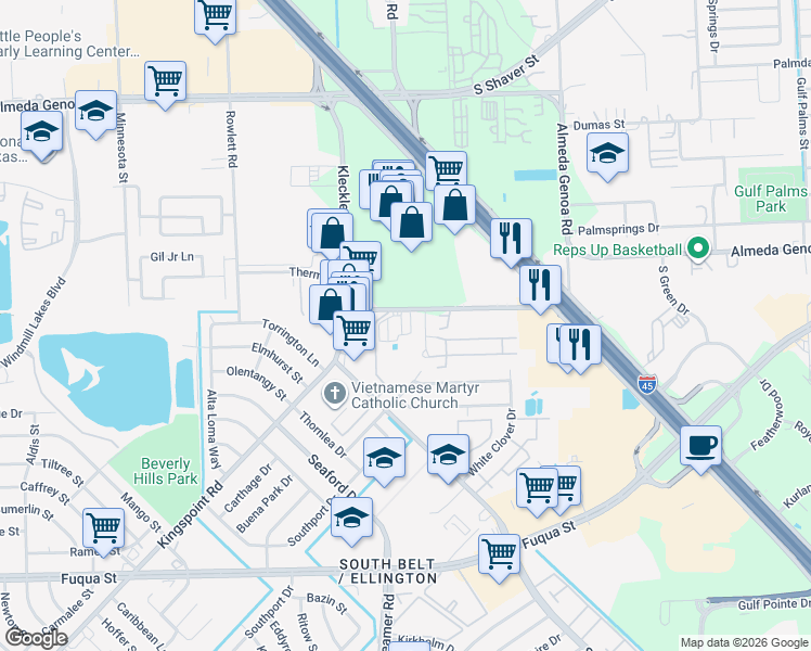 map of restaurants, bars, coffee shops, grocery stores, and more near 10896 Kingspoint Road in Houston