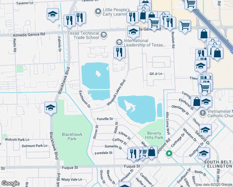 map of restaurants, bars, coffee shops, grocery stores, and more near 10121 Windmill Lakes Boulevard in Houston