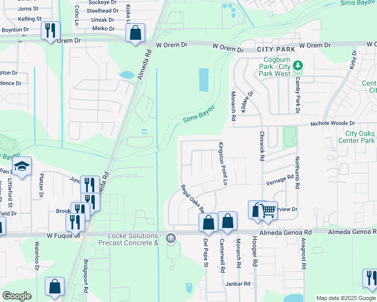 map of restaurants, bars, coffee shops, grocery stores, and more near 830 Staffordale Manor Lane in Houston
