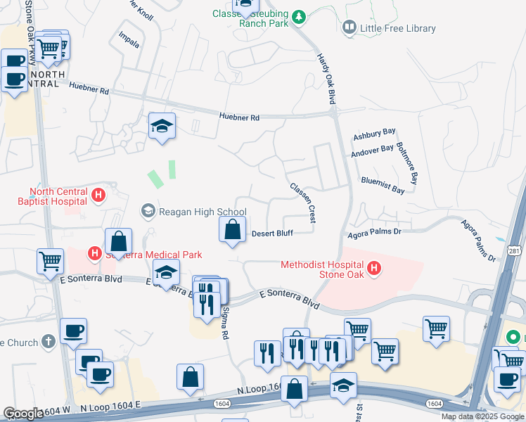 map of restaurants, bars, coffee shops, grocery stores, and more near 19235 Brannan Bluff in San Antonio